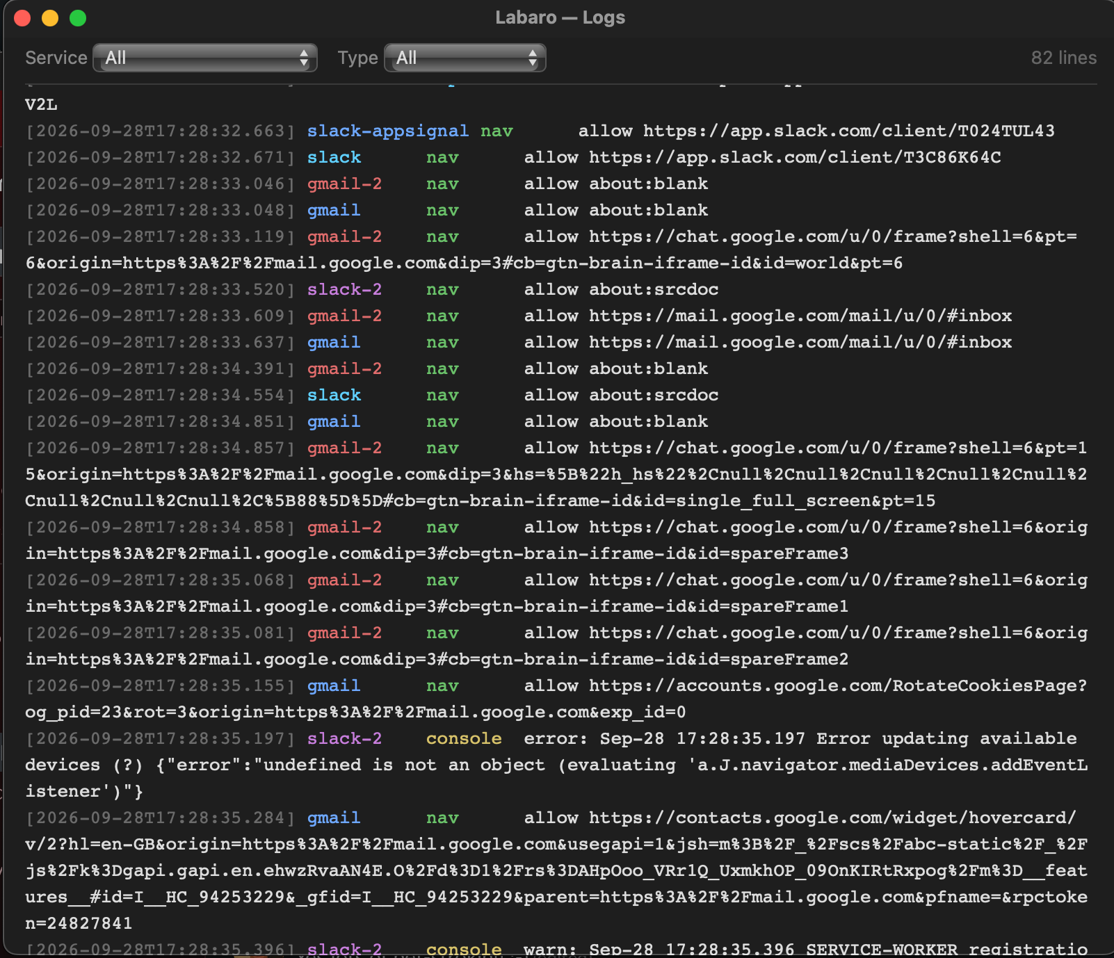 Labaro Logs window with Service and Type filters, showing timestamped navigation and console entries colour-coded by service.