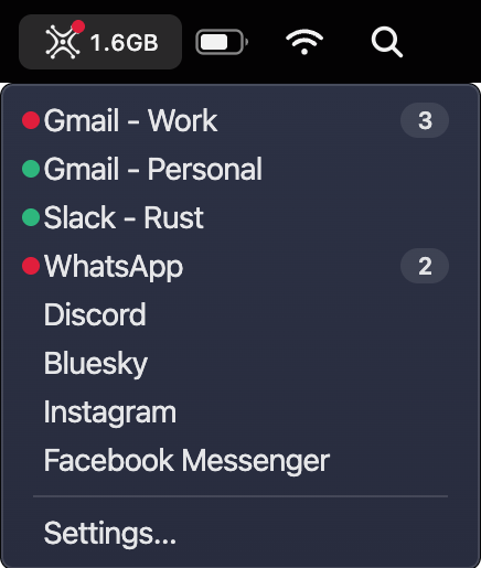 Labaro’s icon in the macOS menu bar, with a red dot on it and “1.6GB” beside it. Its menu is open, listing eight services. Gmail - Work and WhatsApp have red dots with counts of 3 and 2, Gmail - Personal and Slack - Rust have green dots, and Settings… is at the bottom.