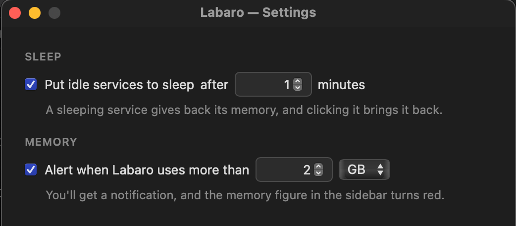 Labaro Settings window. Under Sleep, “Put idle services to sleep” is ticked and set to 1 minute. Under Memory, “Alert when Labaro uses more than 2 GB” is ticked.